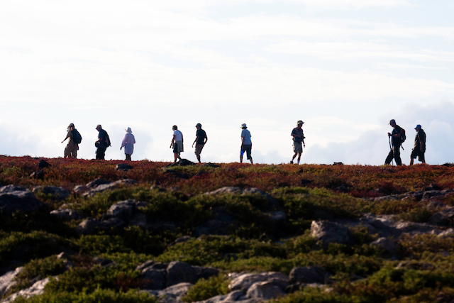 Hikers, South Plaza Island, Galapagos Islands, Ecuador.